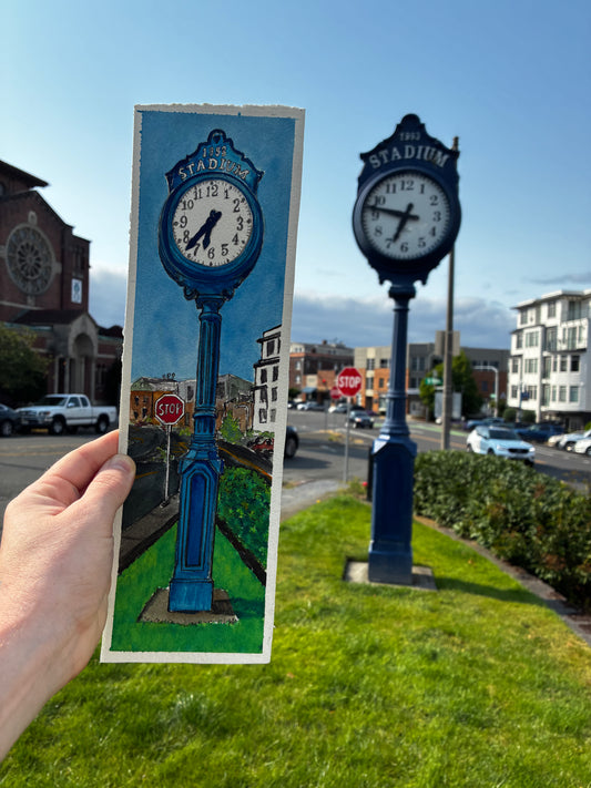 Blue Stadium Clock — Original Watercolor Painting