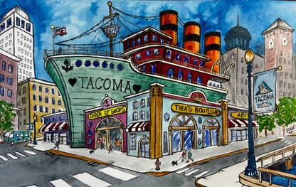 Illustration of a city street with a large ship labeled 'Tacoma' docked in the middle.
