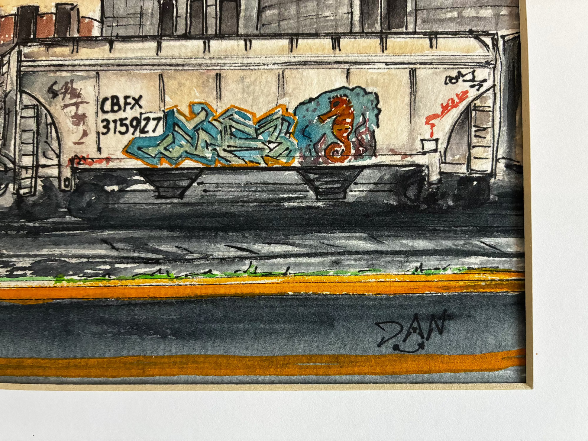 Graffiti-covered train car with colorful tags on a railway track, artistic depiction.