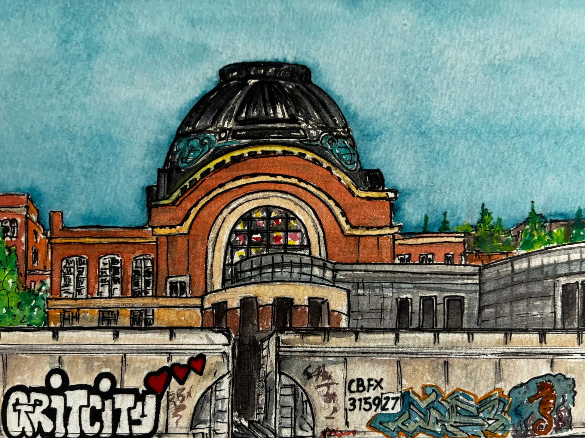 Artistic depiction of a building with a dome and graffiti on a wall.