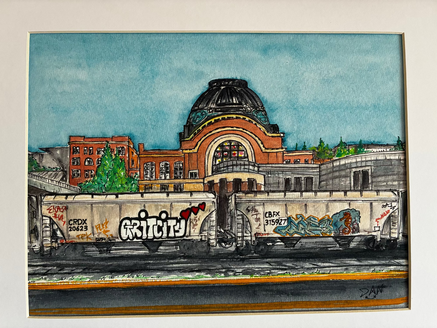 Artistic depiction of a train with graffiti passing by a large building with a dome under a blue sky.