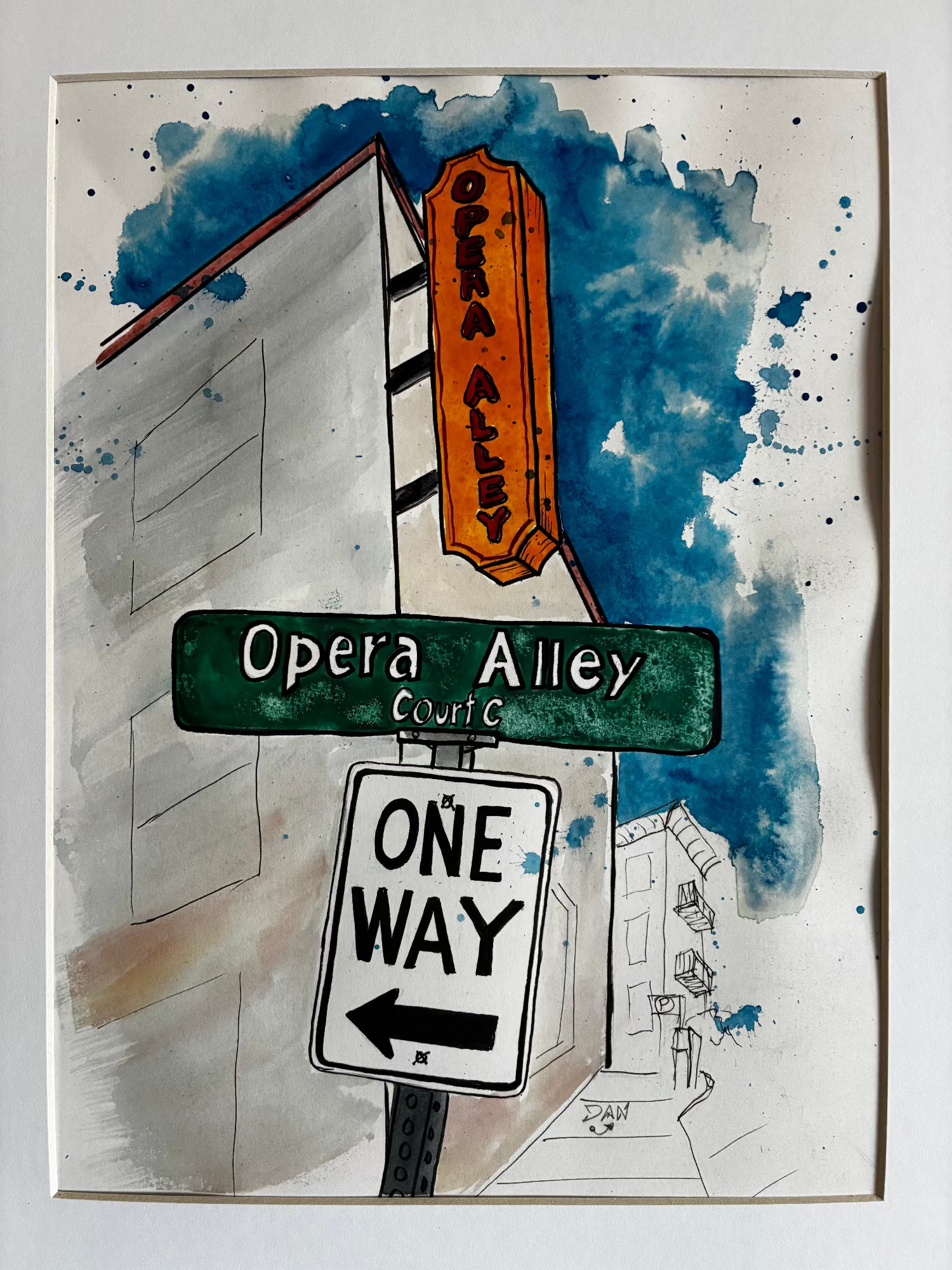 Artistic depiction of a street sign for 'Opera Alley Court' with a 'One Way' arrow on a textured background.