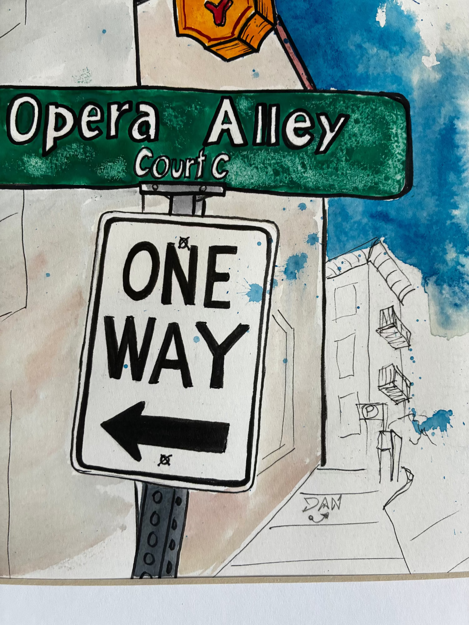 Illustration of a street sign for 'Opera Alley Court' with a 'One Way' sign pointing left.