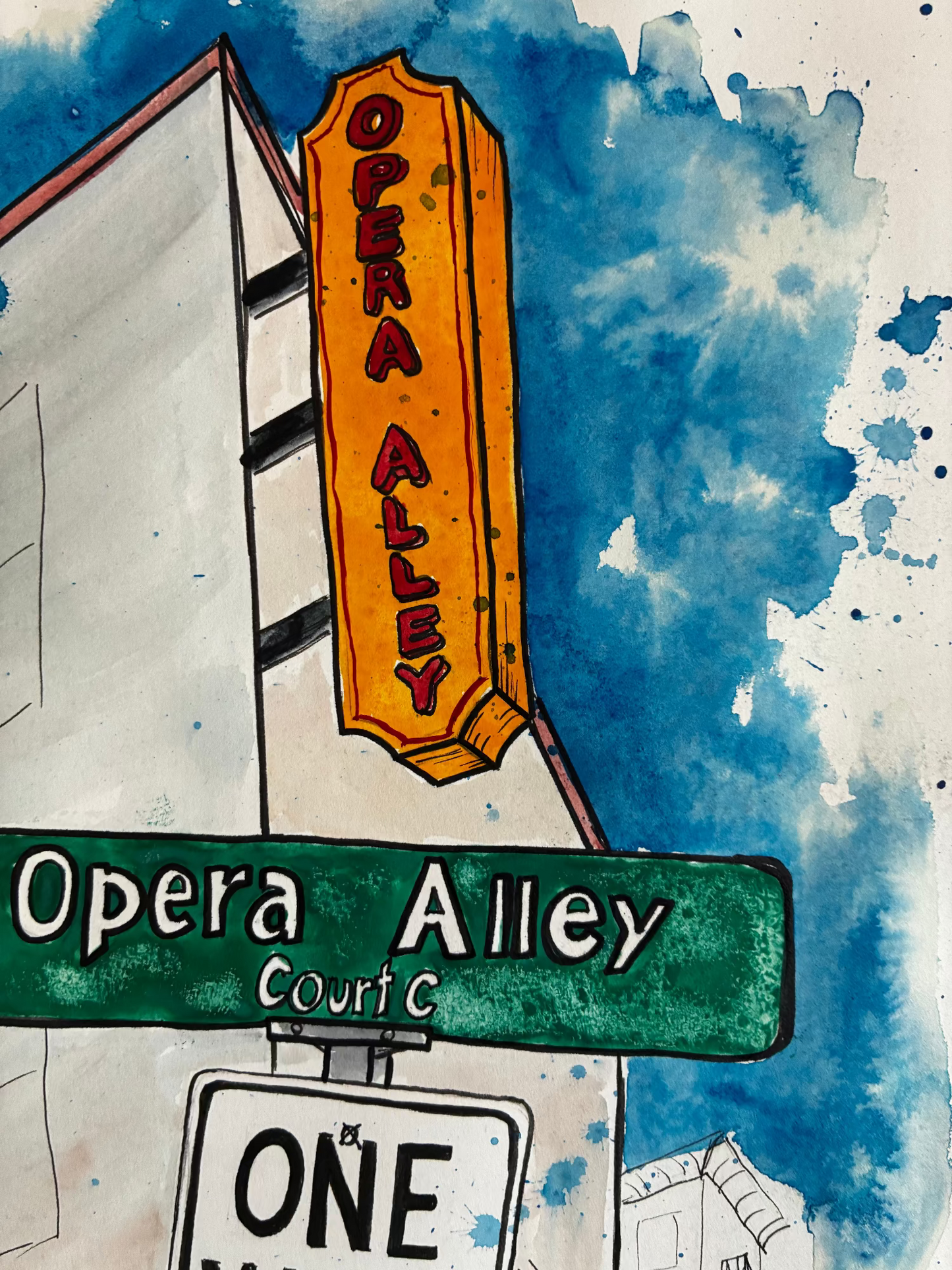 Illustration of 'Opera Alley' signs with watercolor background