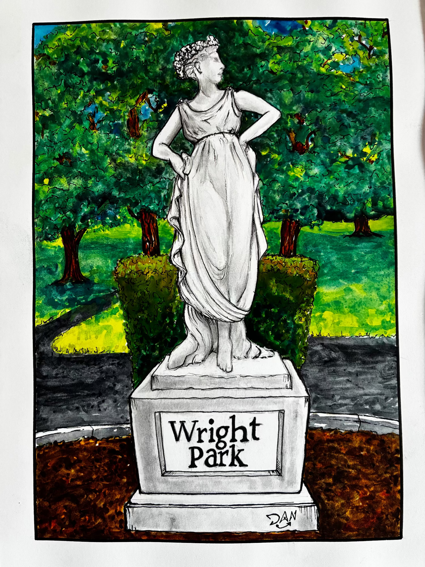 Statue in a park with 'Wright Park' sign and colorful background