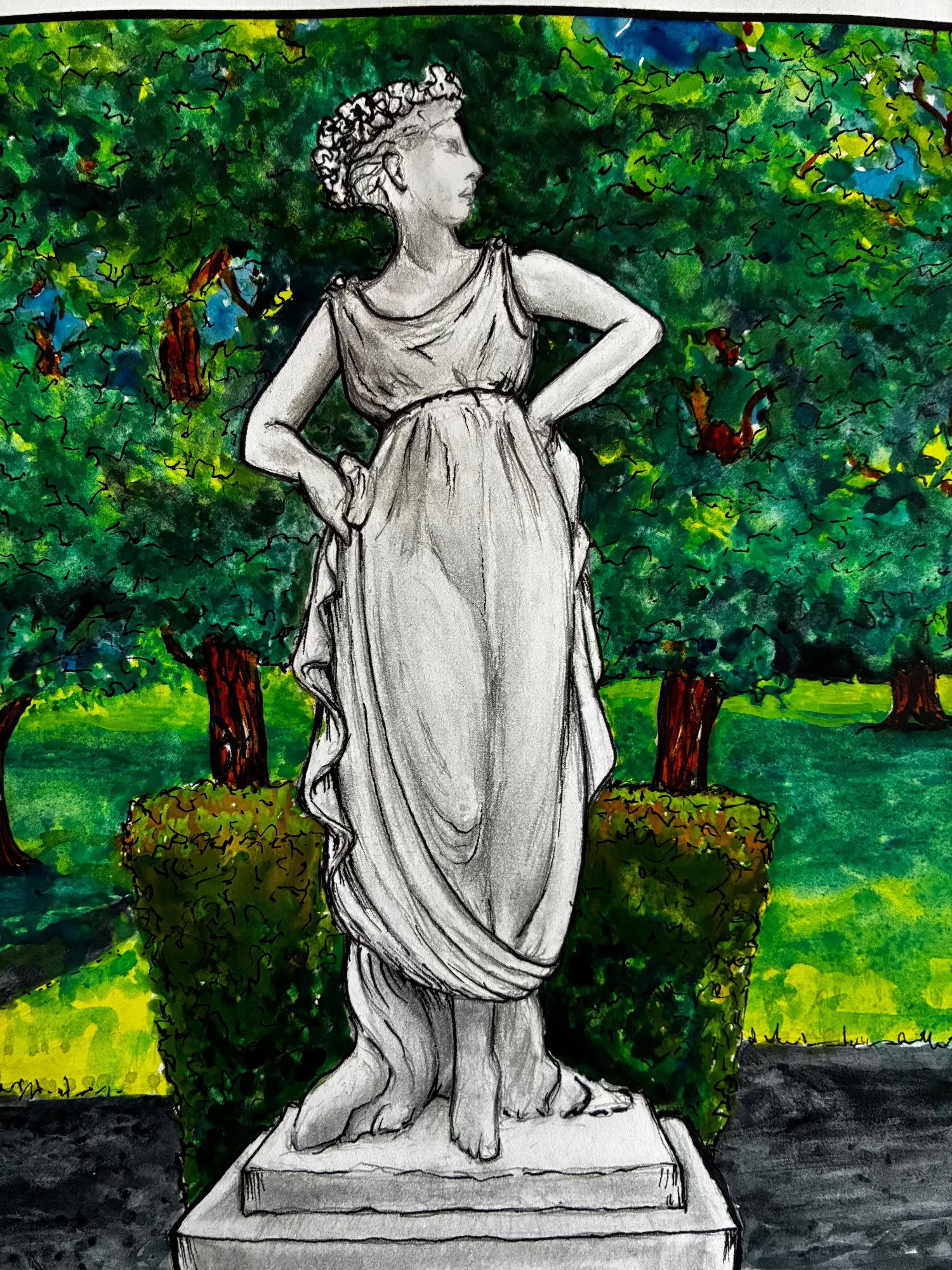 Statue of a classical woman in a garden setting with greenery