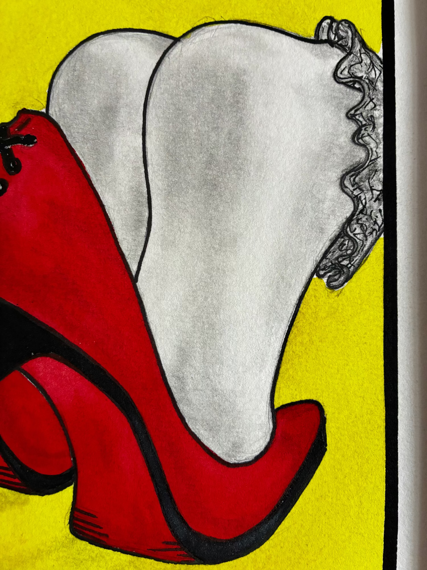 Red high-heeled shoe with a gray heel on a yellow background