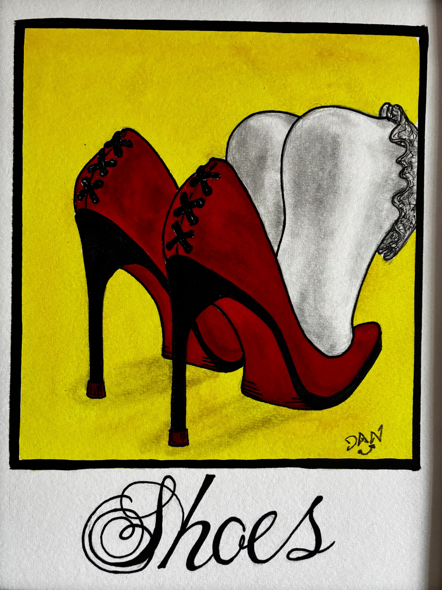 Illustration of red high-heeled shoes with a white background and 'Shoes' text.