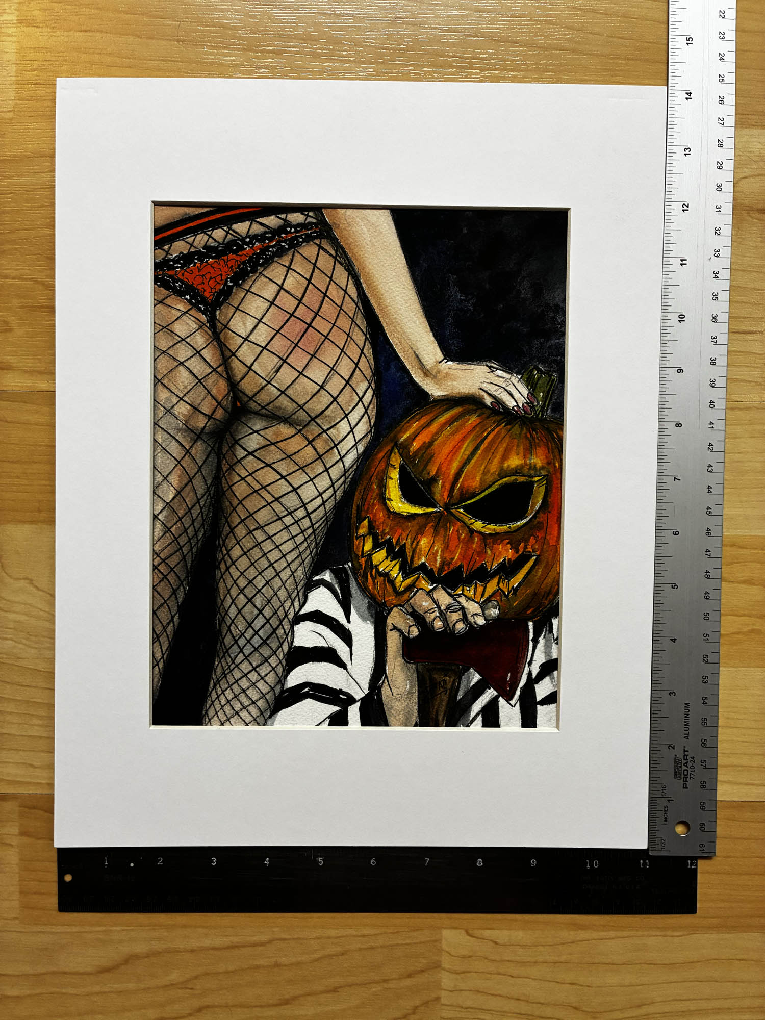 Artistic depiction of a person in fishnet stockings with a pumpkin on a wooden surface.