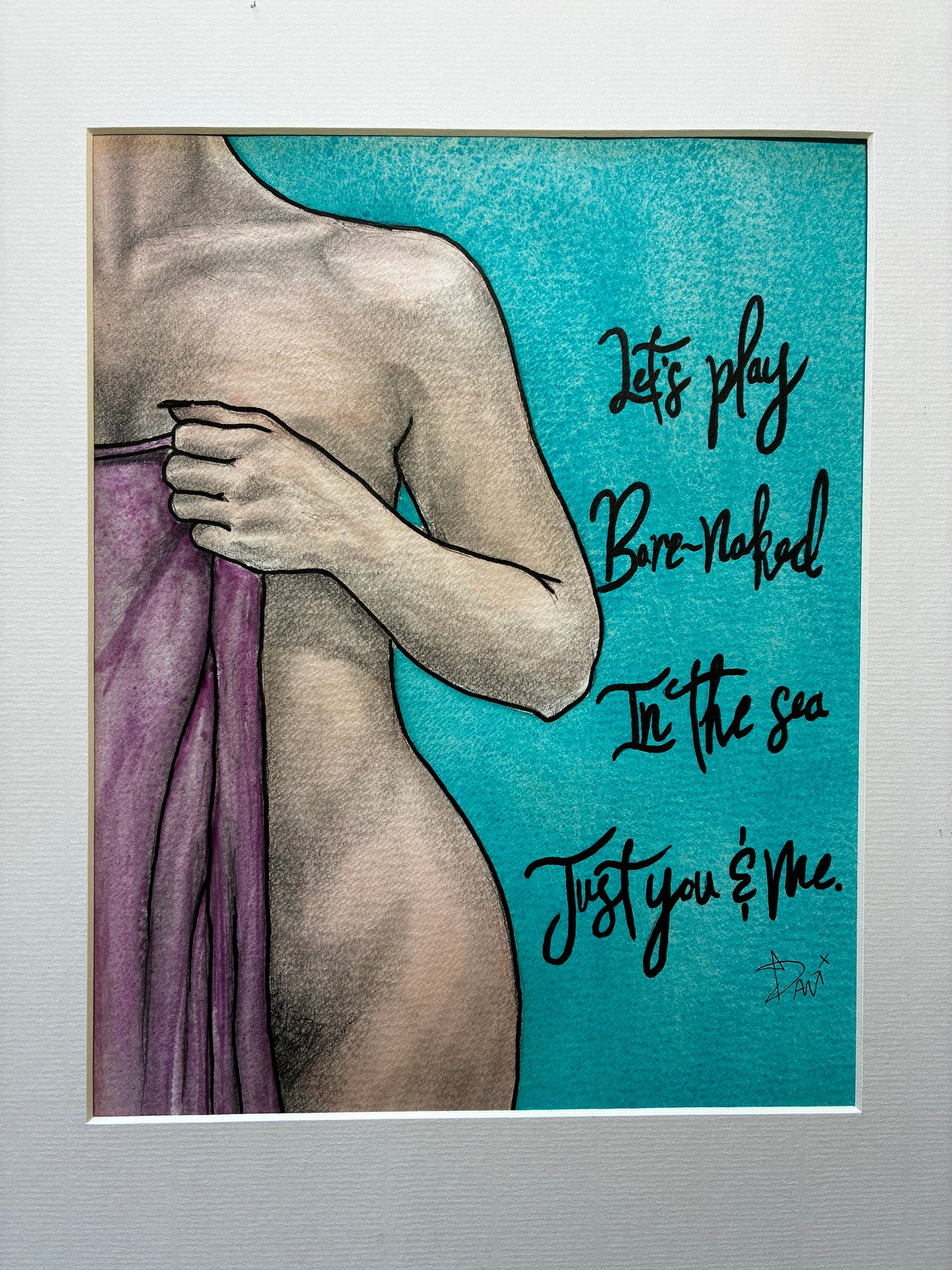 Artistic depiction of a nude figure with text on a teal background