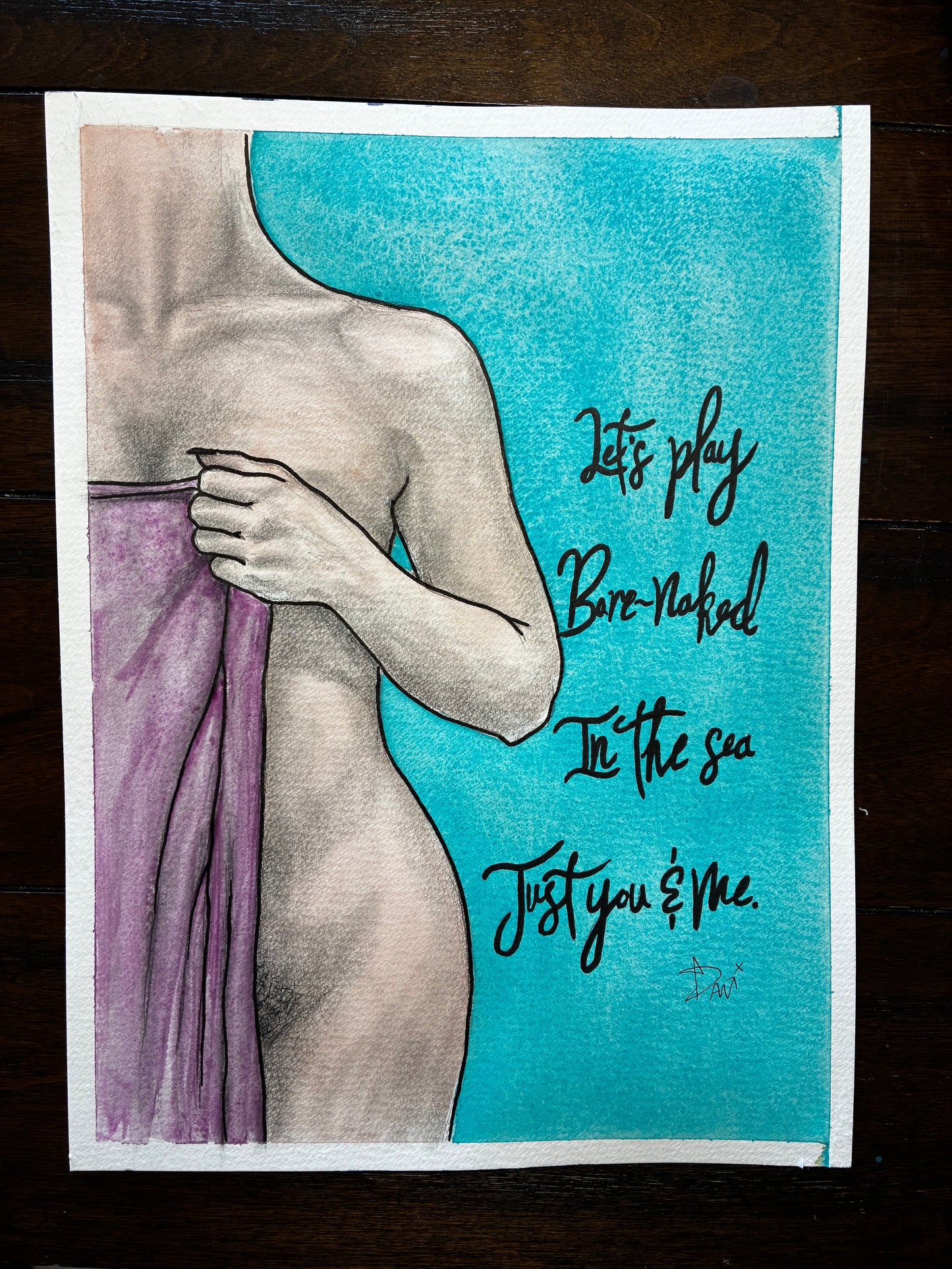 Artistic depiction of a nude figure with text on a blue background
