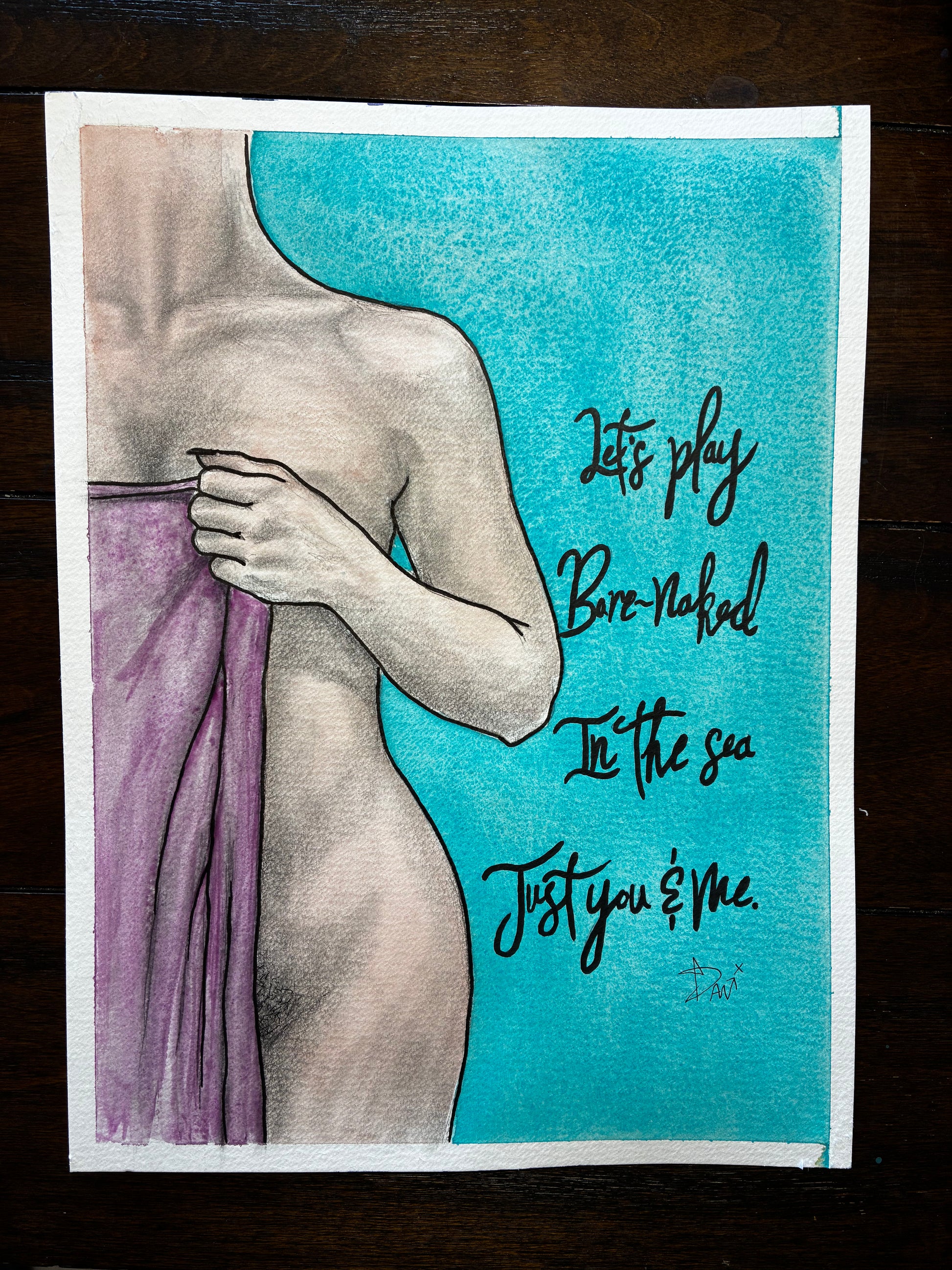 Artistic depiction of a nude figure with text on a blue background