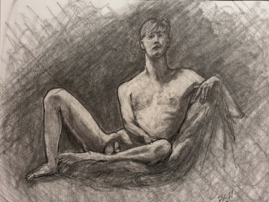 Pencil drawing of a nude figure sitting on the ground.