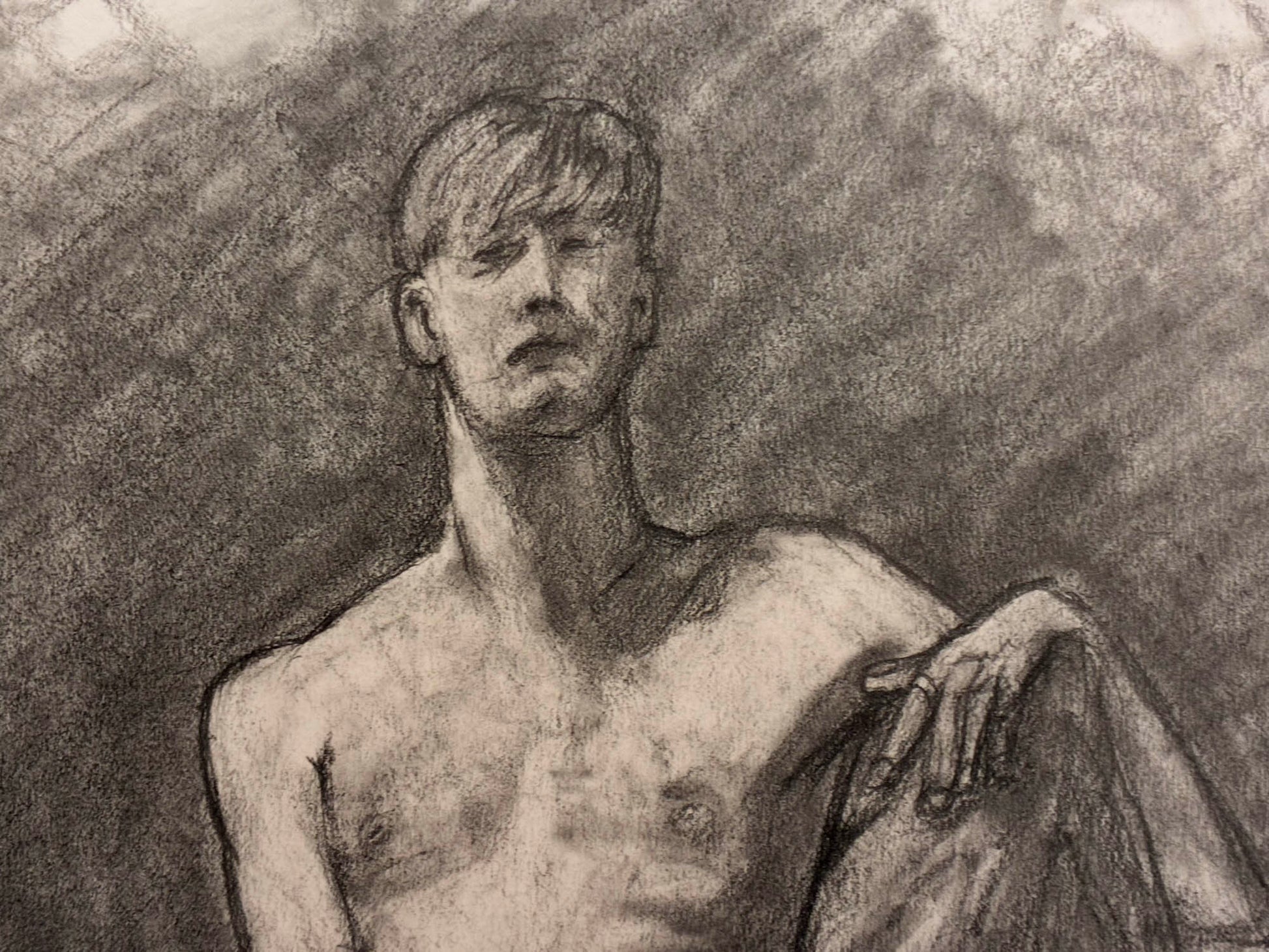 Pencil drawing of a shirtless person with a draped garment against a dark background