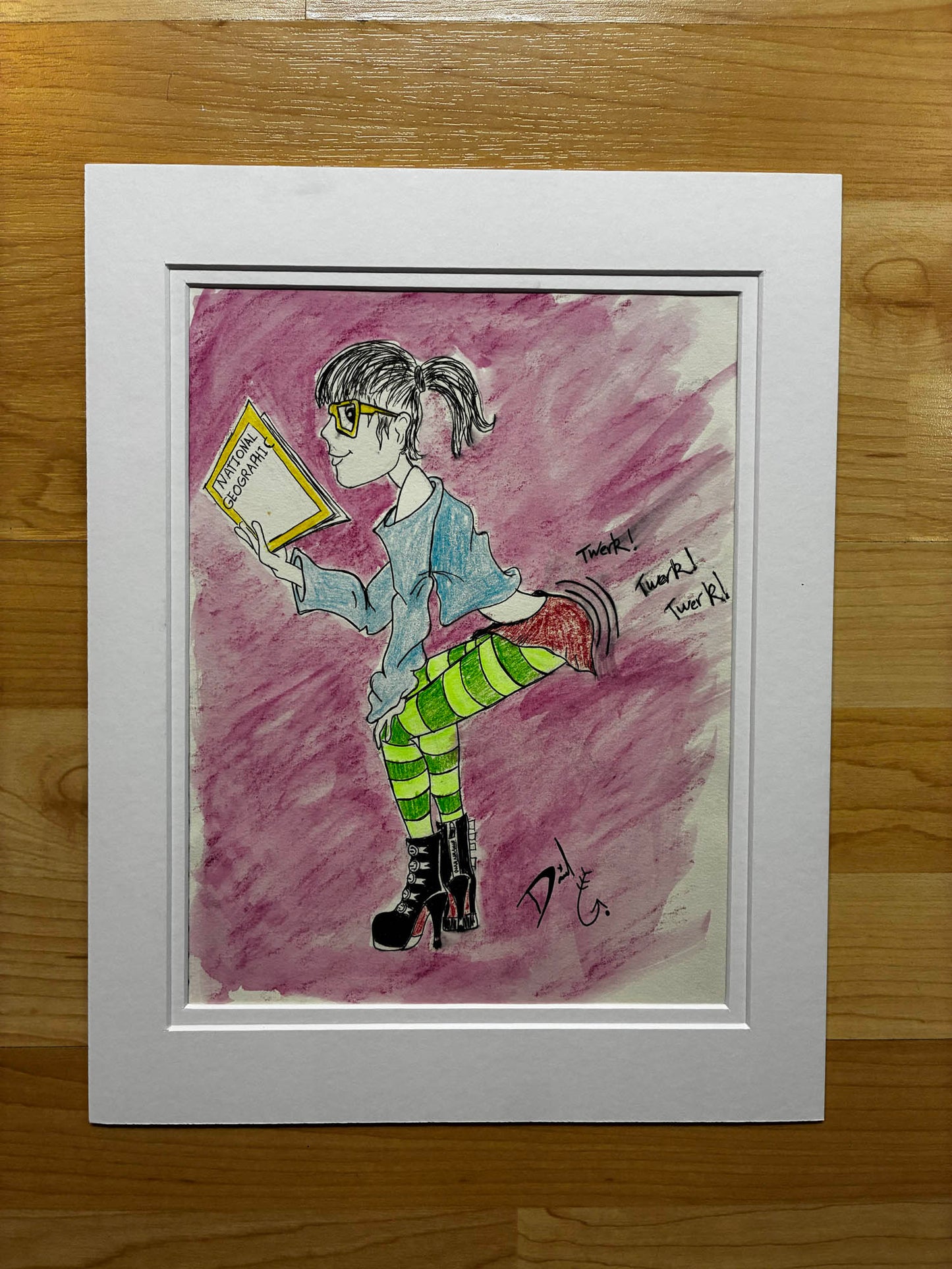 Illustration of a person holding a book on a purple background, framed in white.