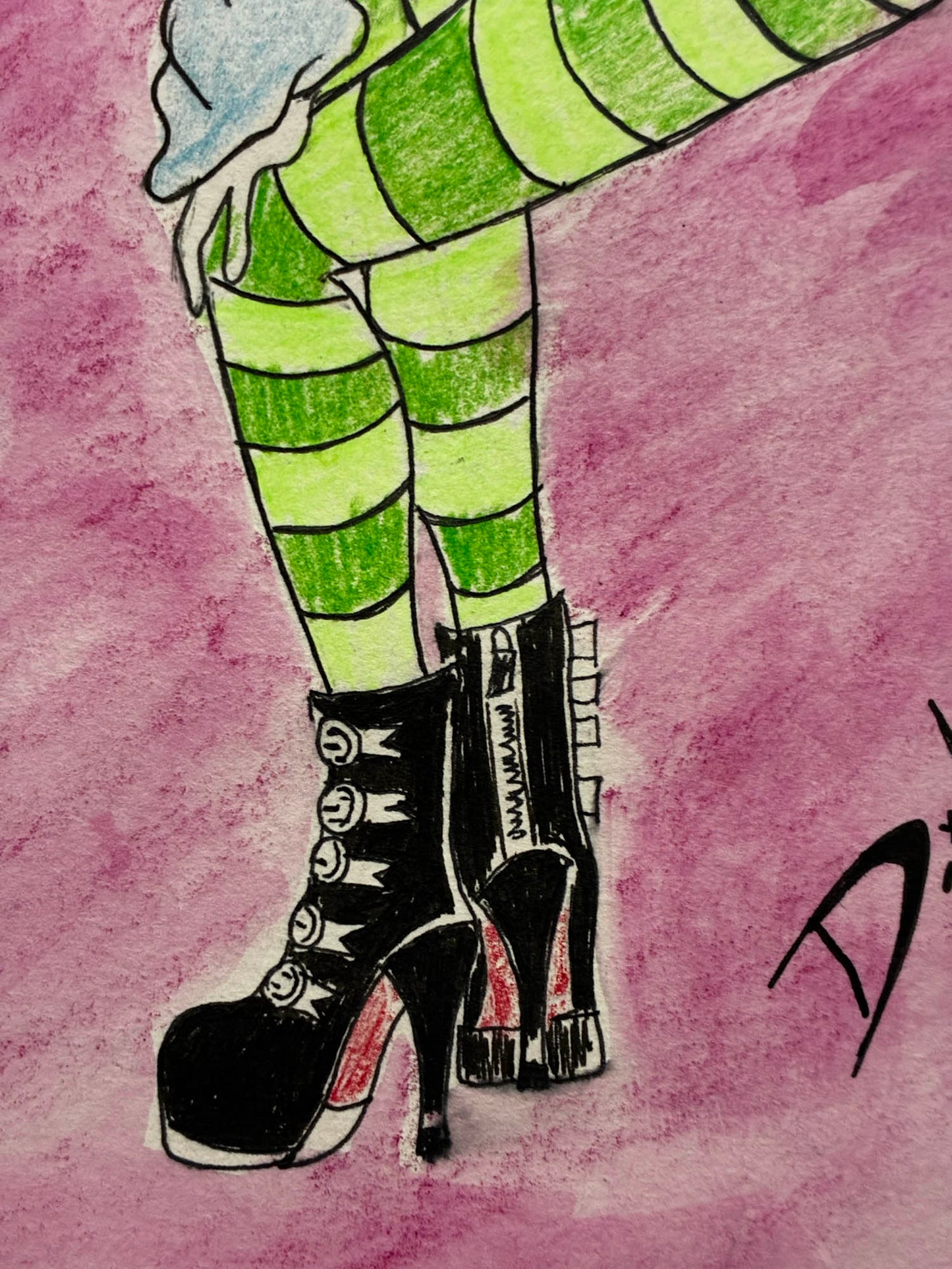 Illustration of green striped pants and black high-heeled boots on a pink background