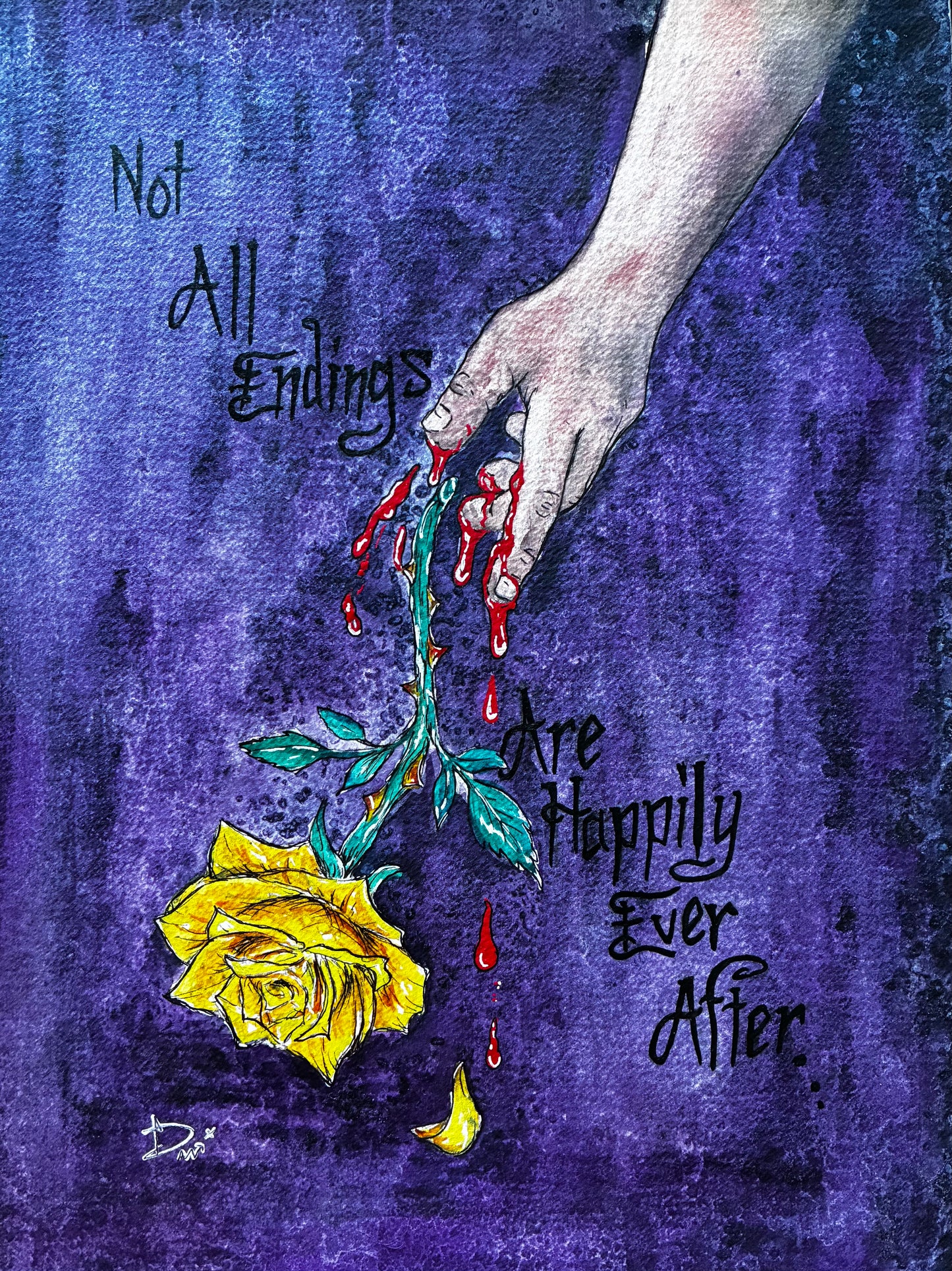 Artistic depiction of a hand with a yellow rose and blood on a dark blue background with text.