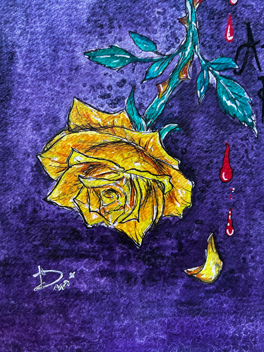 Yellow rose with green leaves on a purple background
