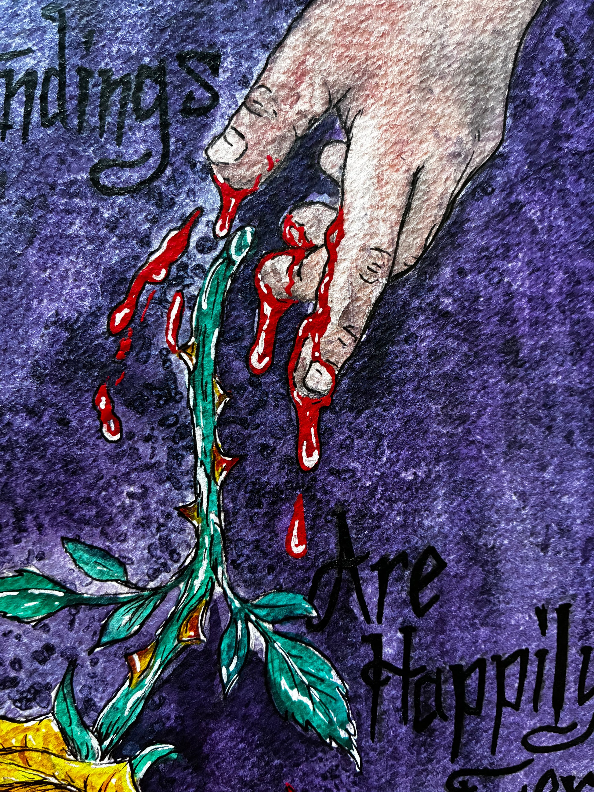 Illustration of a hand with blood and a thorny branch on a textured purple background.