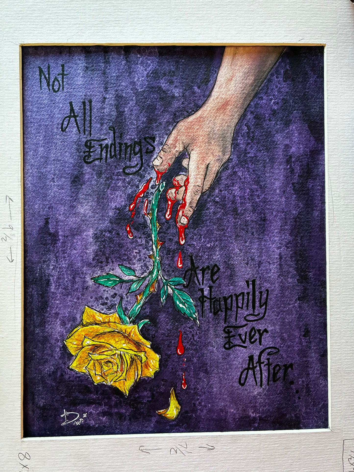 Artistic depiction of a hand holding a yellow rose with red liquid, against a textured purple background with text.