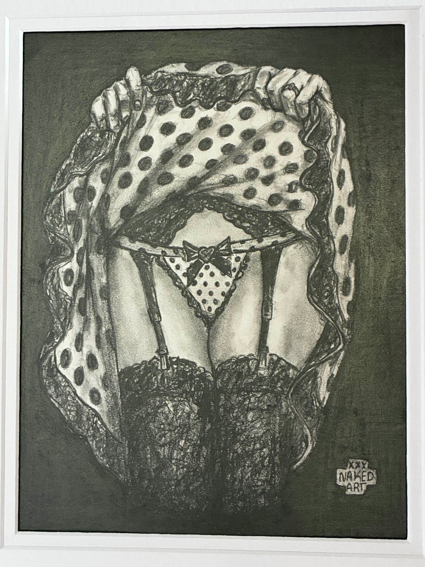 Black and white drawing of a person wearing a polka dot headscarf and lingerie.