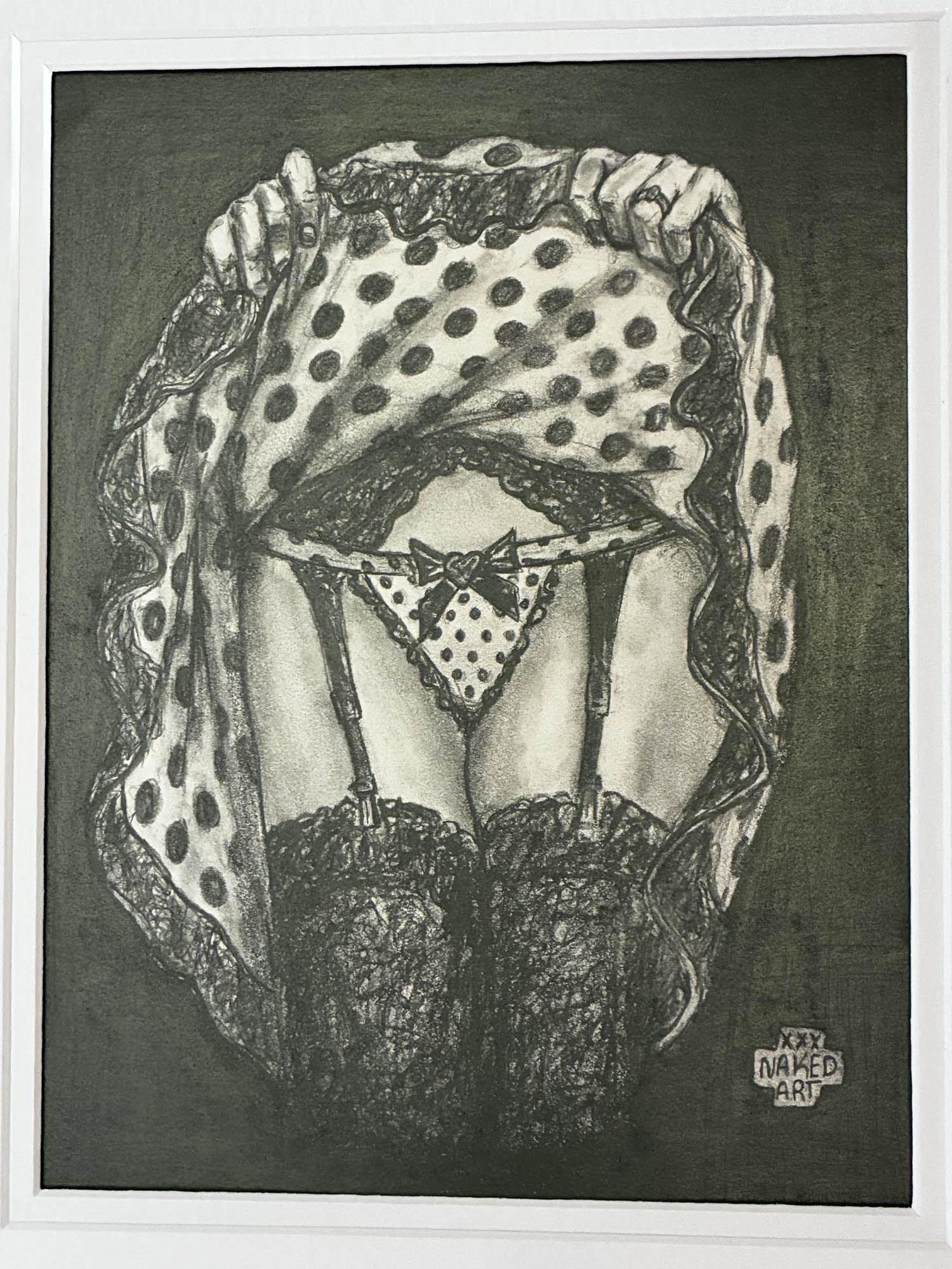 Black and white drawing of a person wearing a polka dot headscarf and lingerie.