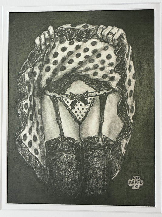 Black and white drawing of a person wearing a polka dot headscarf and lingerie.