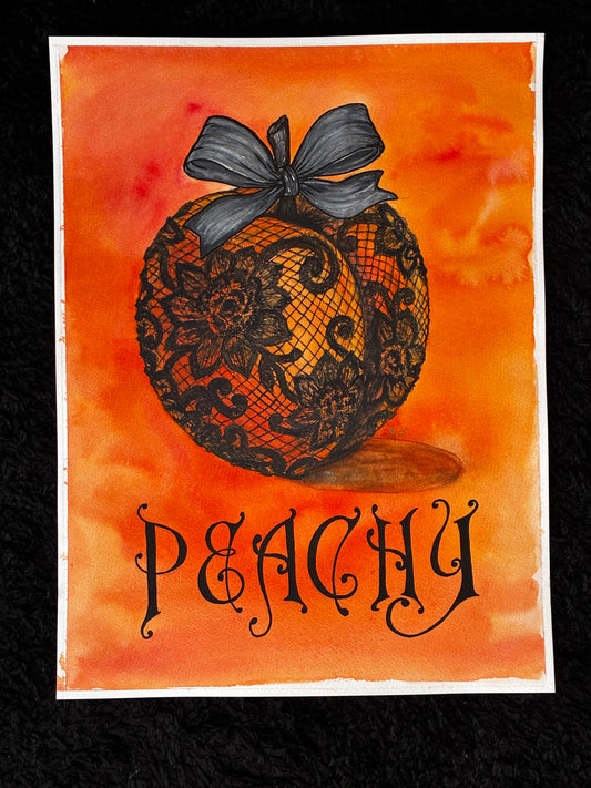 A watercolor-style art print featuring a peach decorated with black lace and a dark gray bow, with the word 'PEACHY' in ornate black lettering below. The artwork is centered on a black textured background.