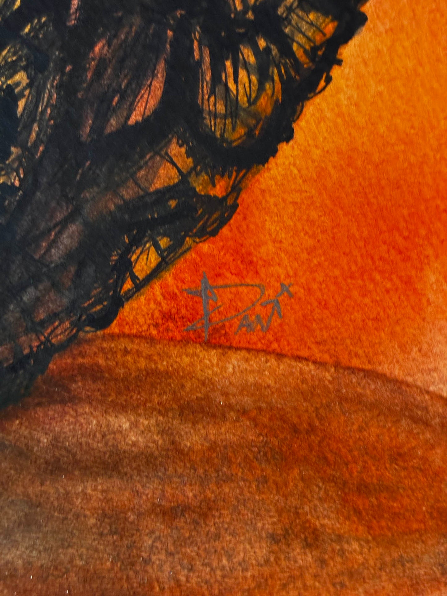Abstract artwork featuring a textured black sketchy form against a warm orange background with a brown lower section and a small gray signature.