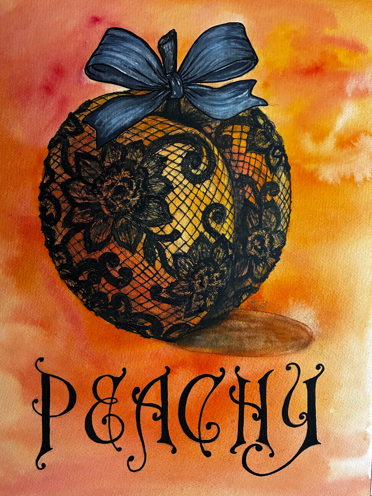 A stylized artwork of a peach-shaped object covered in black floral lace, tied with a dark blue ribbon, on a warm orange and yellow watercolor background with the word 'PEACHY' in decorative black lettering below.