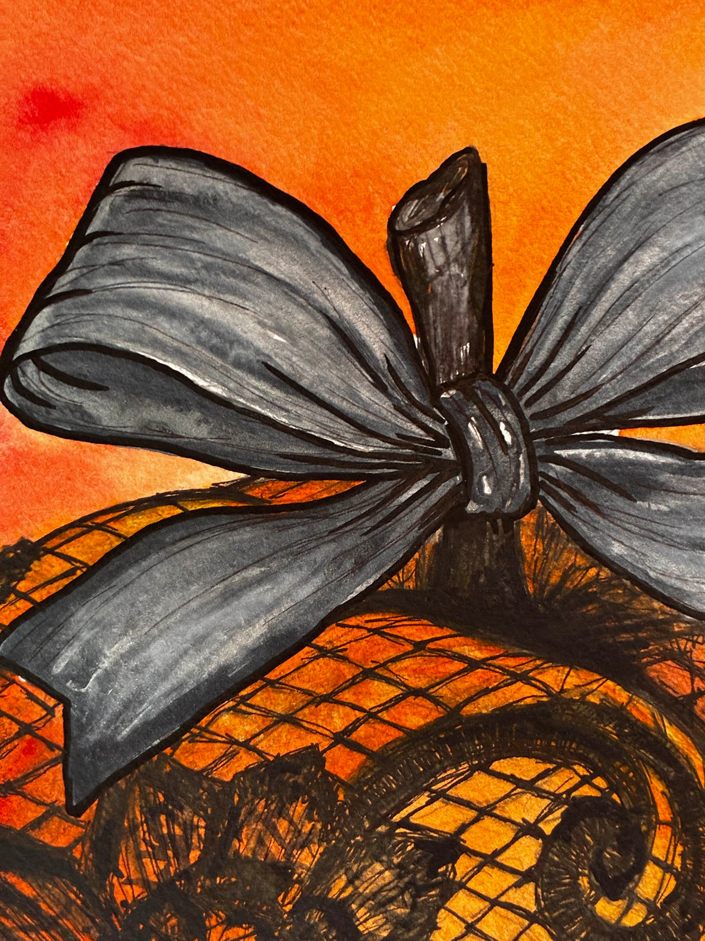 A close-up artistic depiction of a dark gray ribbon tied in a large bow over an orange and black patterned surface, with a warm orange background.