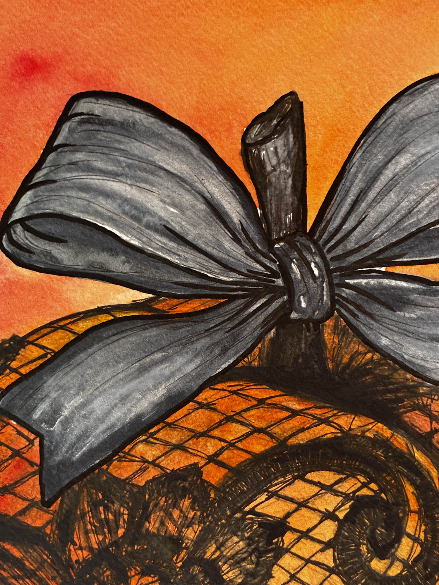 A close-up artistic depiction of a dark gray ribbon tied in a large bow over an orange and black patterned surface, with a warm orange background.