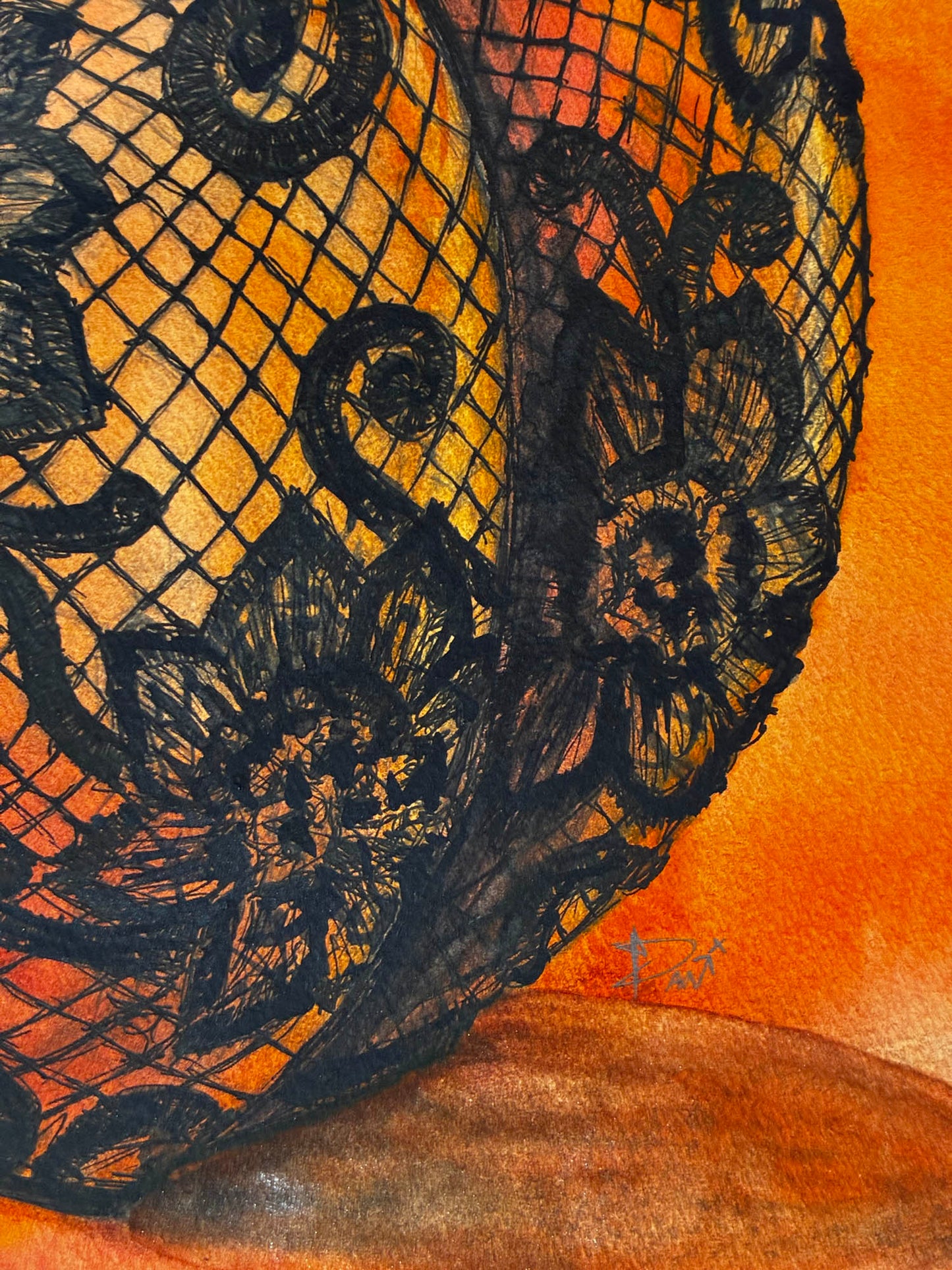 A close-up artistic depiction of a black lace or netted fabric draped over a warm orange-brown surface, with visible brushwork and a textured painted background.