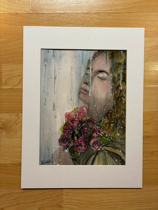Artistic depiction of a face with flowers on a wooden surface