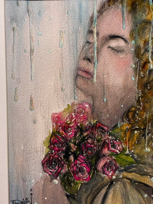 Artistic depiction of a person holding flowers with a rainy background