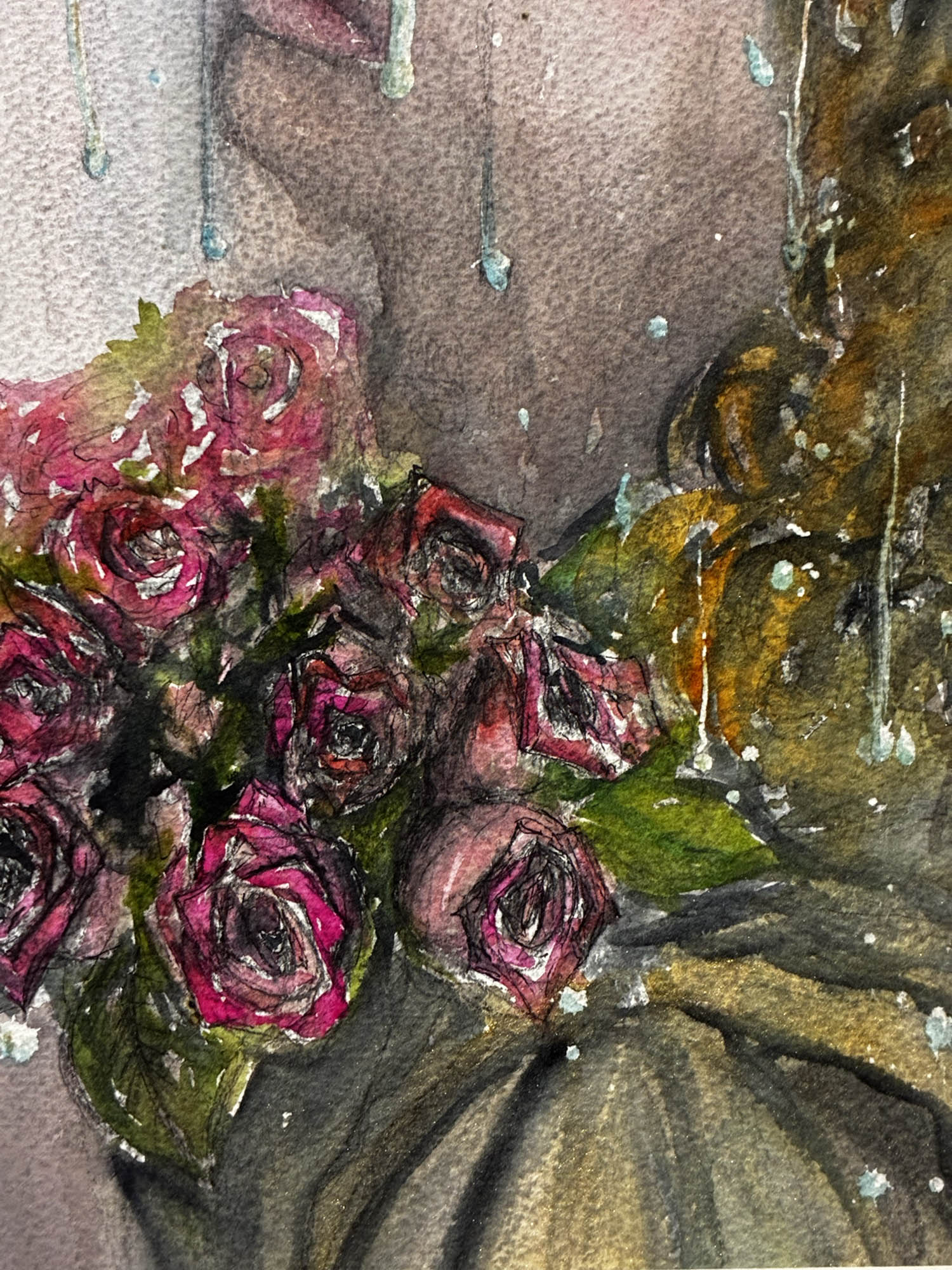 Artistic depiction of purple roses with water droplets on a textured surface