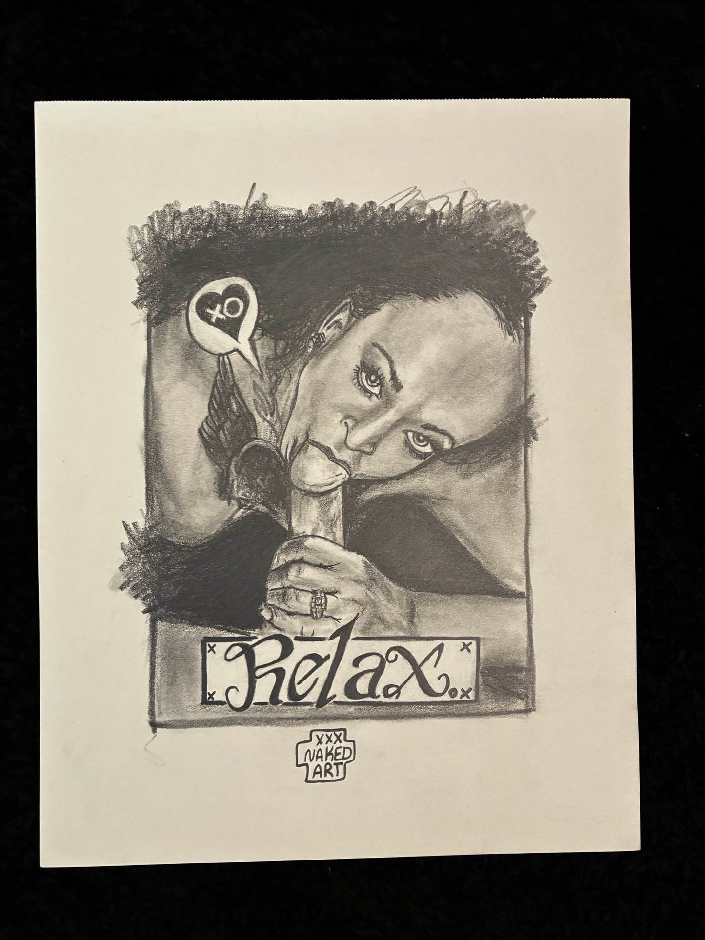 Black and white illustration of a woman with text 'Relax' on a plain background