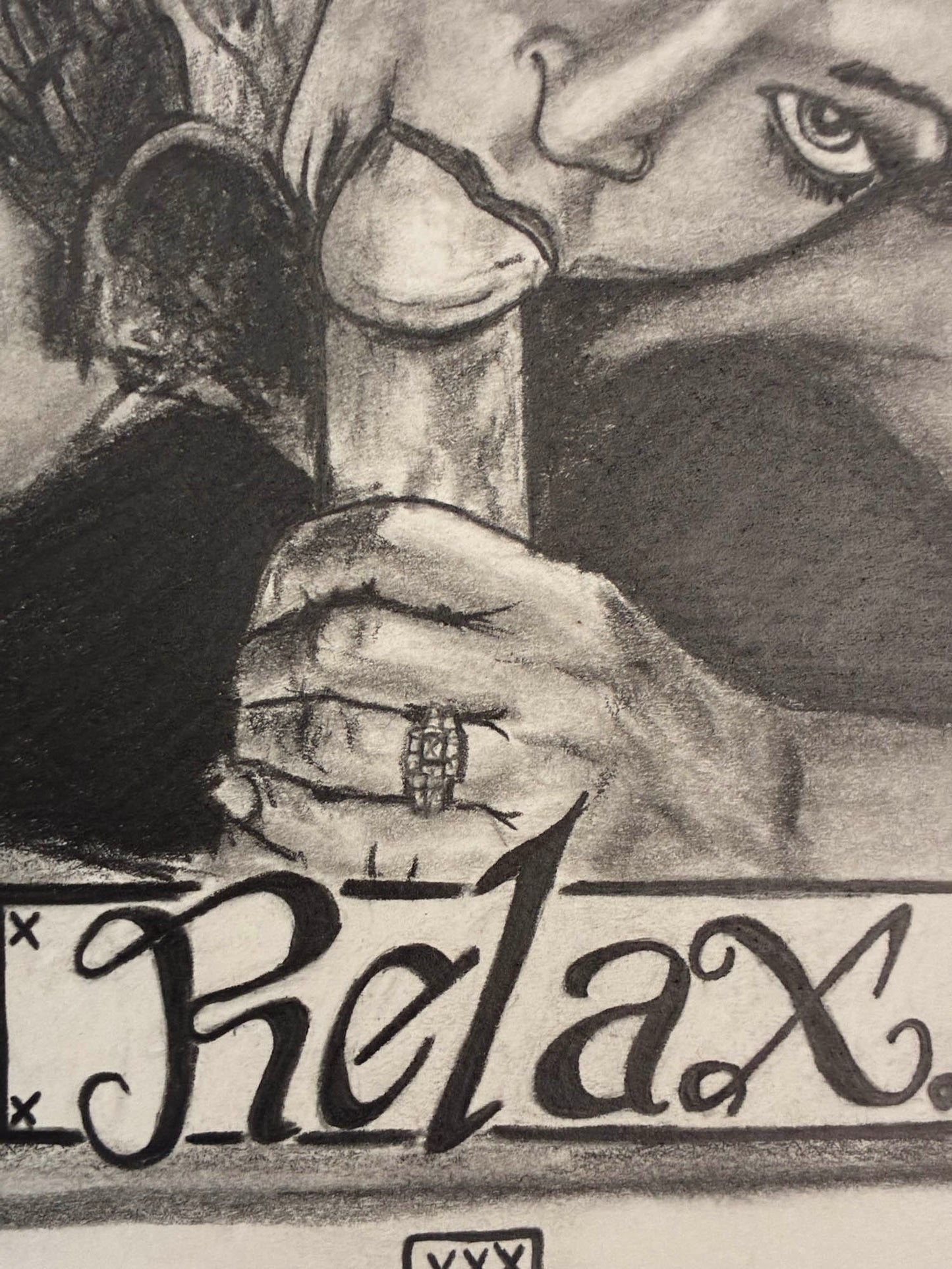 Black and white illustration of a hotwife hand holding a cock with 'Relax' text at the bottom.