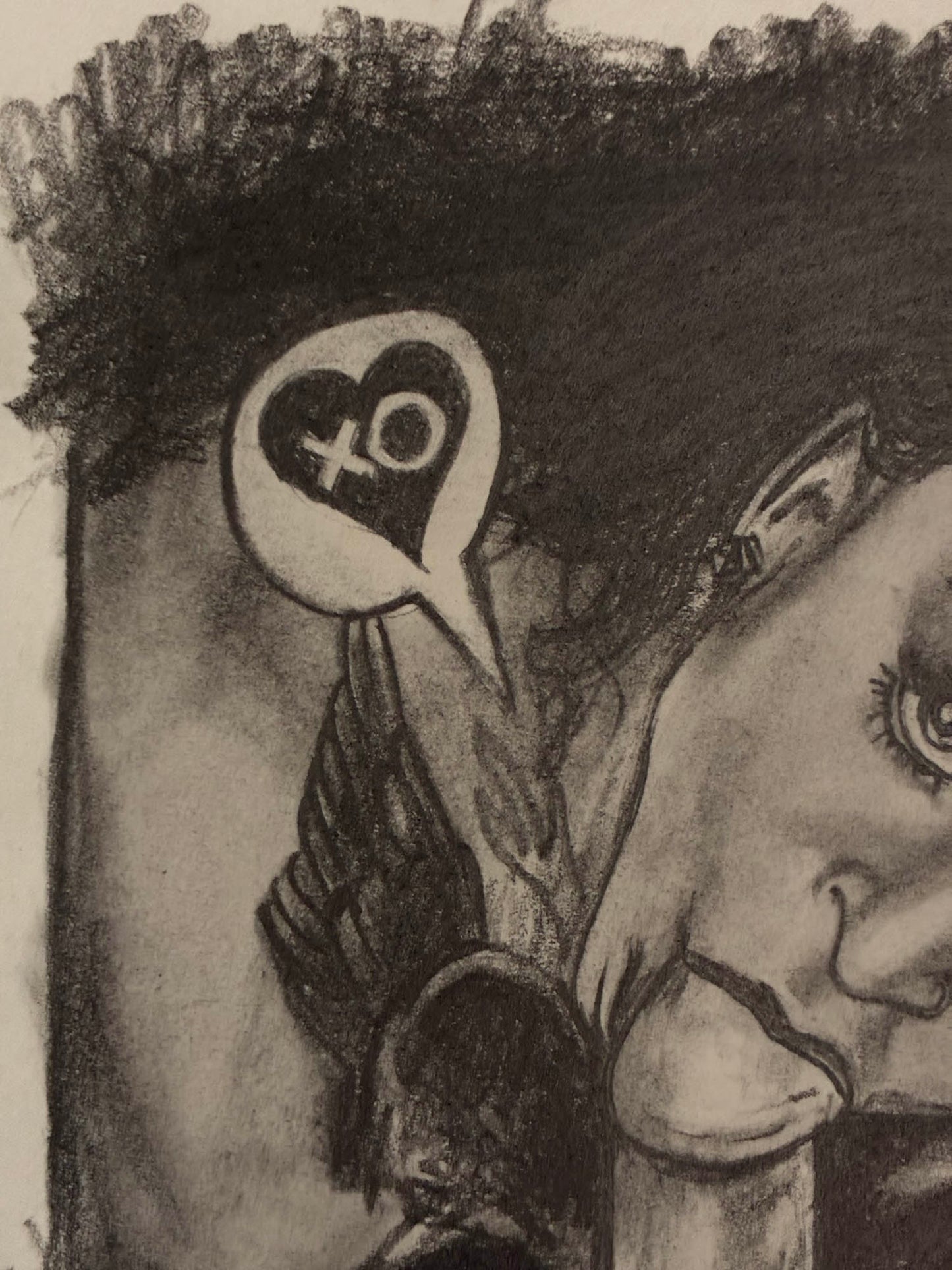 Black and white illustration of a person with a heart-shaped speech bubble containing 'LOVE'.