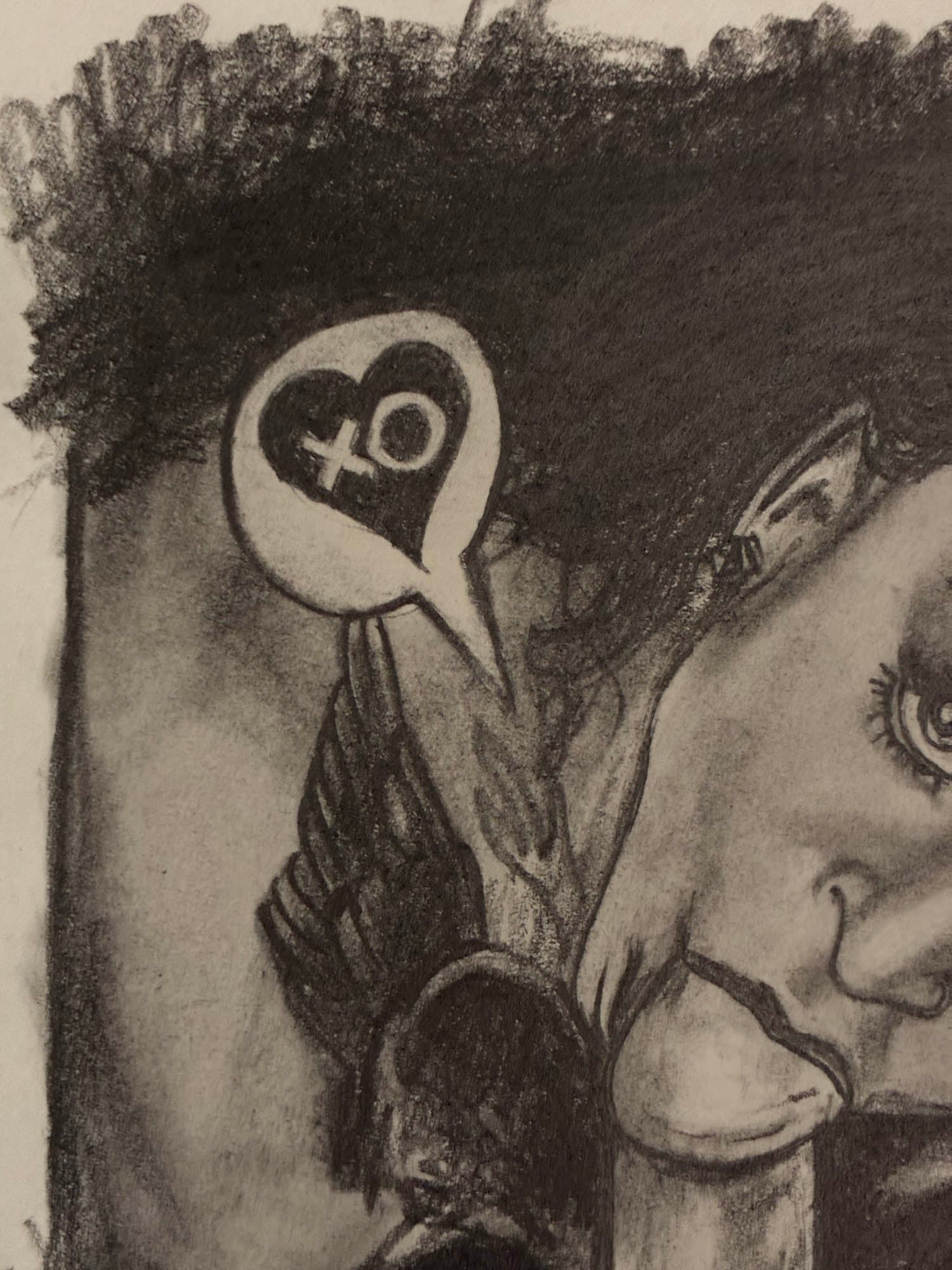 Black and white illustration of a person with a heart-shaped speech bubble containing 'LOVE'.