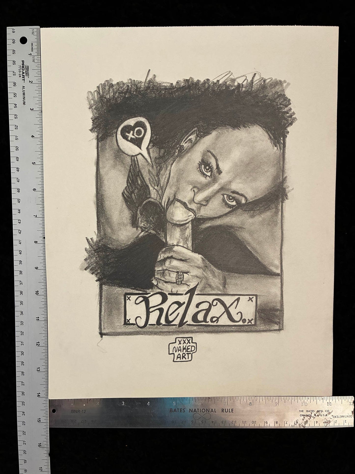 Artistic depiction of a person with a tattoo and 'Relax' text, with a ruler for scale on the side.