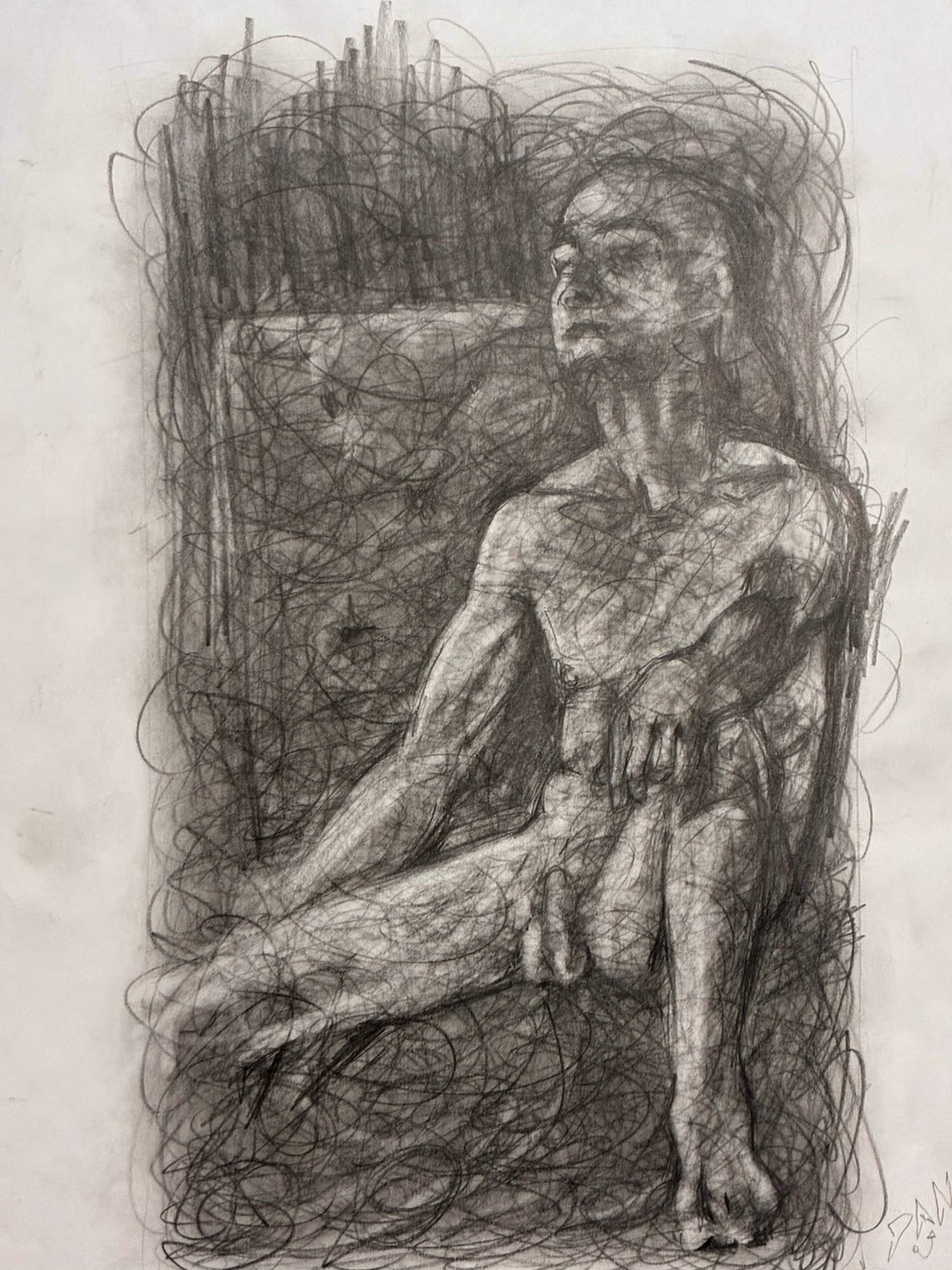 Sketch of a nude figure sitting with dynamic lines on a light background