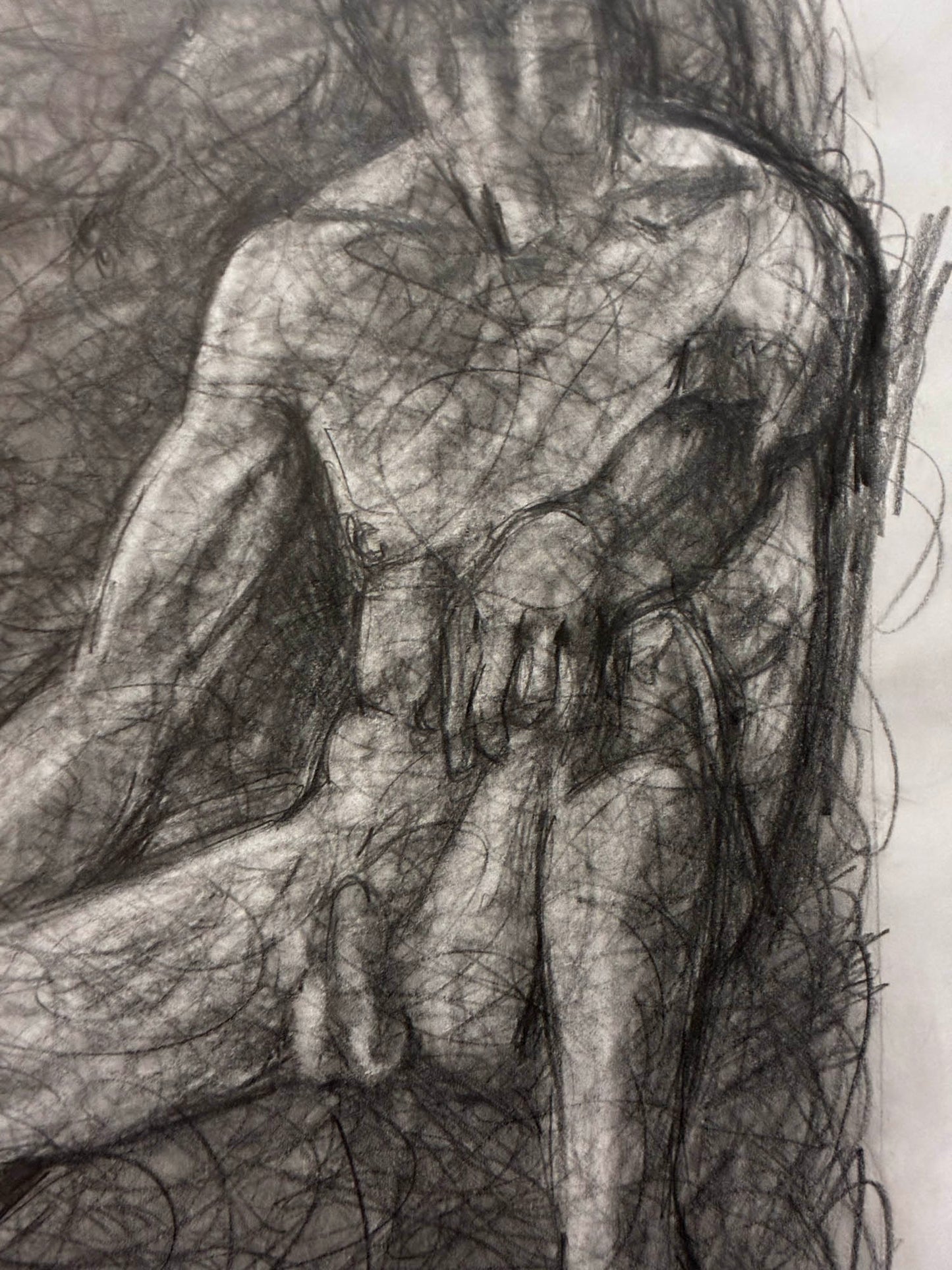 Artistic depiction of a person in a seated position with intricate line work.