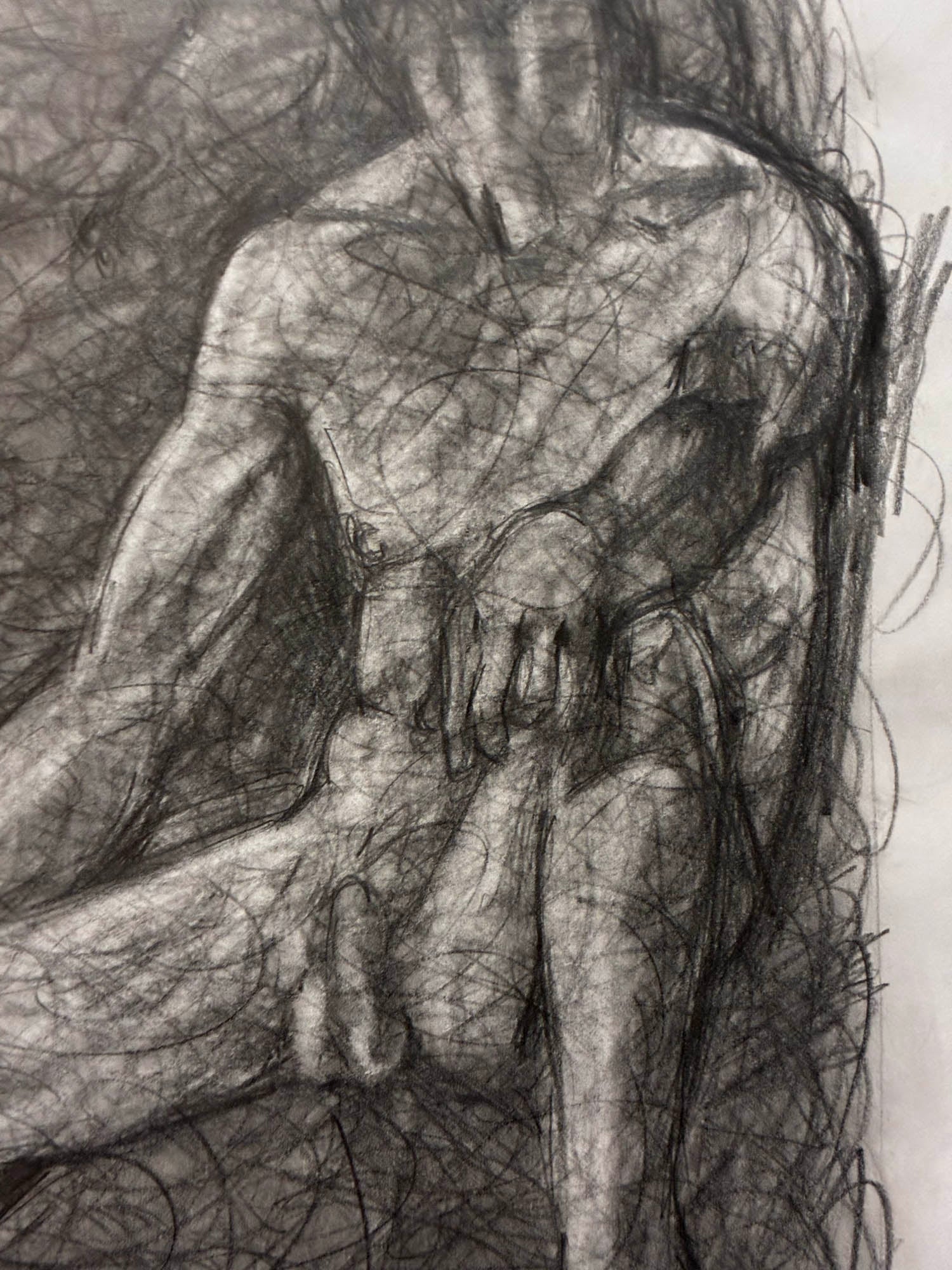 Artistic depiction of a person in a seated position with intricate line work.