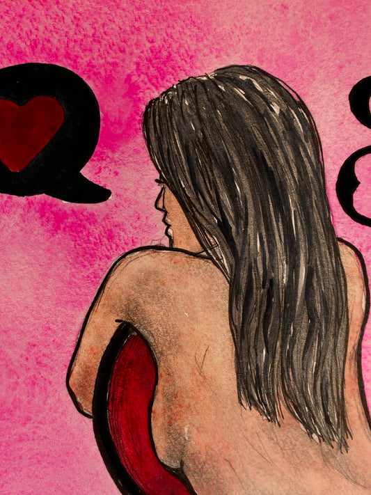 An artistic illustration of a woman with long dark hair seen from behind, seated on a red chair against a textured hot pink background with black speech-bubble shapes containing red hearts.