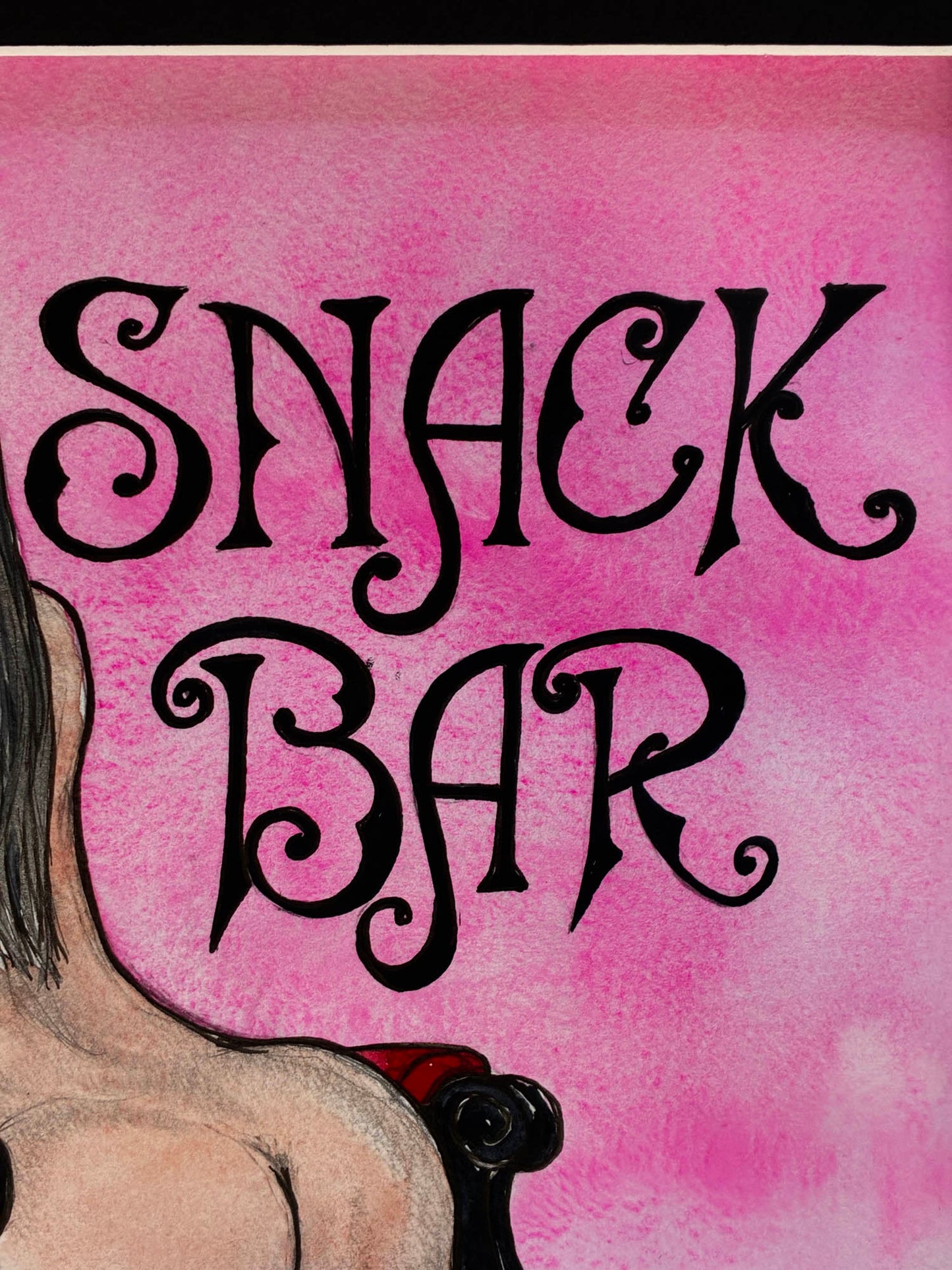 A close-up of a pink watercolor-style sign or poster with the words 'SNACK BAR' in large black decorative lettering. Part of a seated person is visible at the lower left, but the main subject is the sign itself.