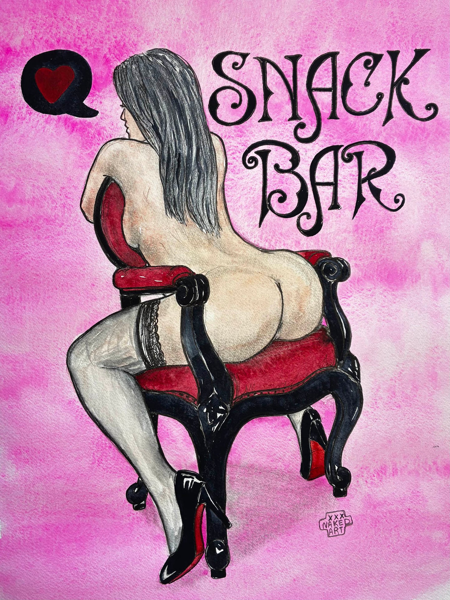 A stylized illustration of a nude woman seated on a red and black chair, viewed from behind, with the words 'SNACK BAR' in large black script on a pink watercolor background. A speech bubble with a red heart appears in the upper left.