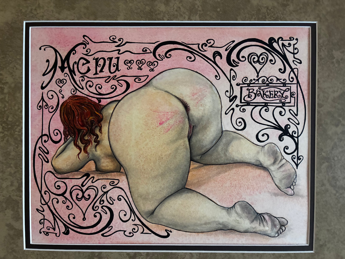 Illustration of a woman sitting with a decorative border and text on a textured background