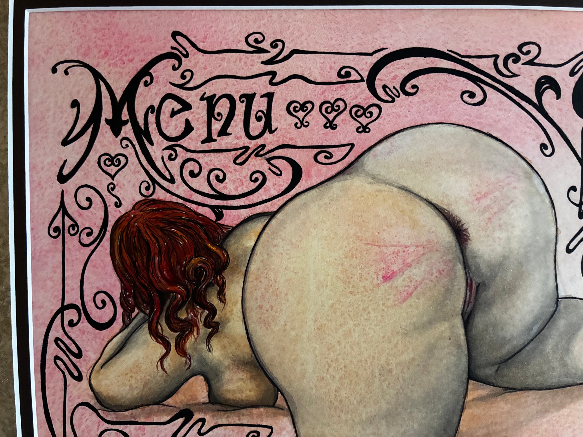 Artistic depiction of a nude figure with decorative text and design elements on a pink background.