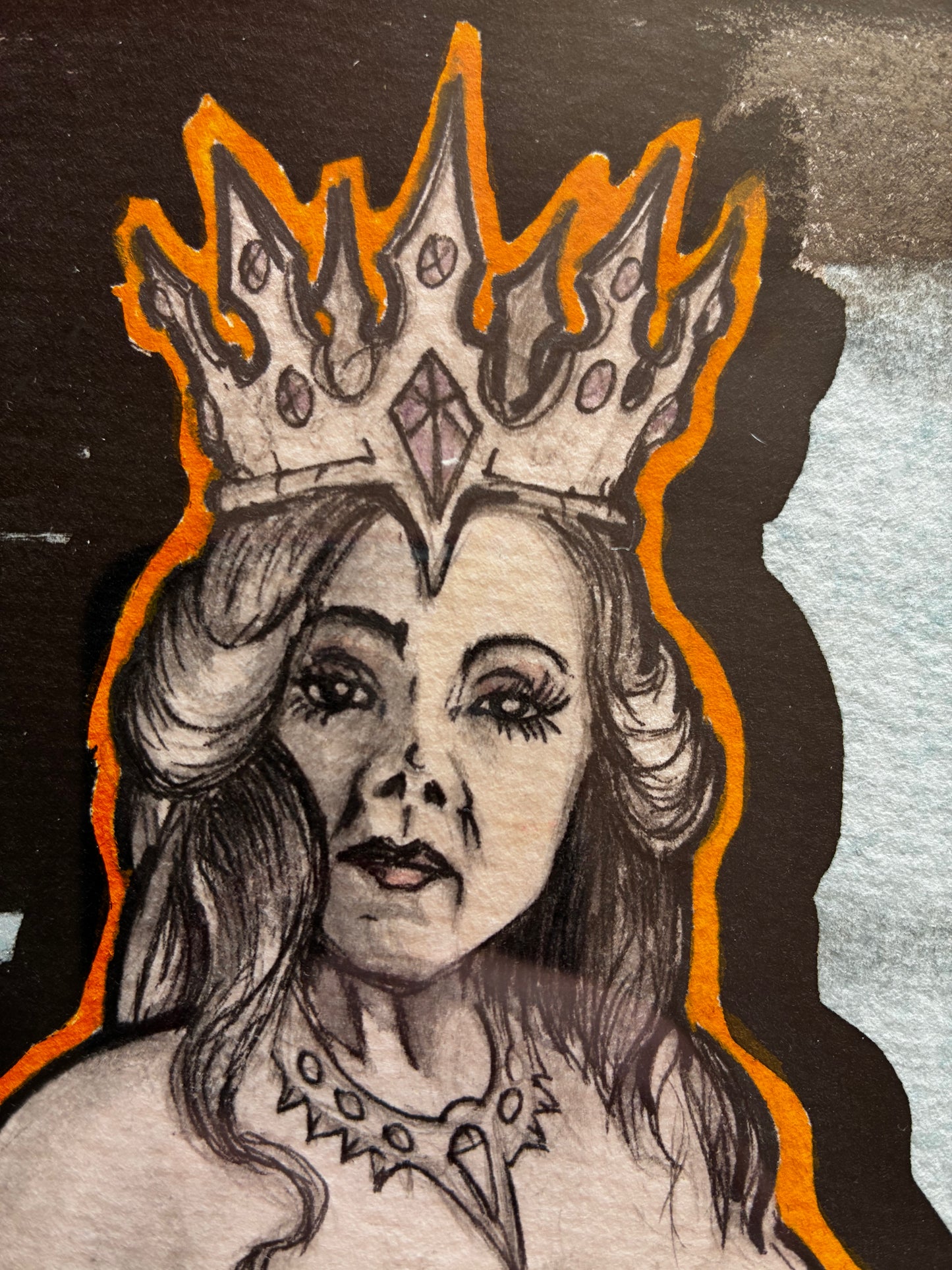 Illustration of a woman with a crown and orange outline on a textured background